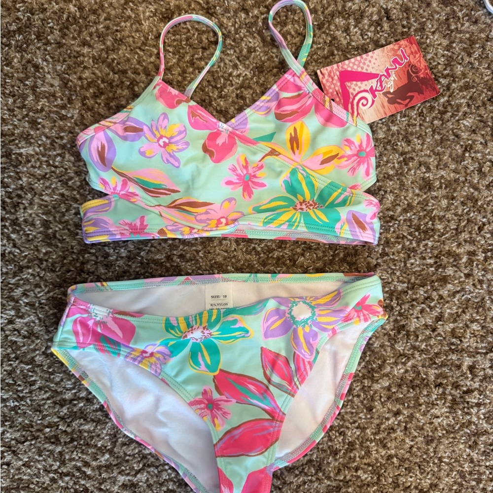 Kanu Surf Pink and Green Floral Kids Bikini